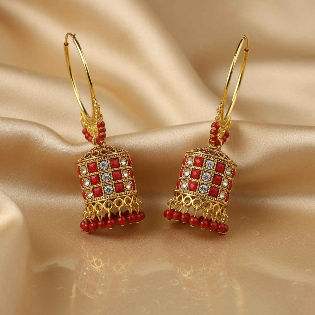 Traditional Indian Gold Plated Red Beaded Jhumka Earrings – Elegant Ethnic Jewelry for Women