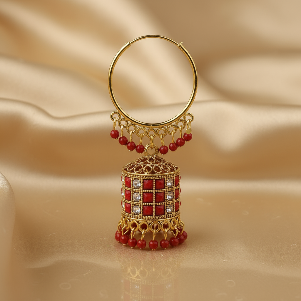 Traditional Indian Gold Plated Red Beaded Jhumka Earrings – Elegant Ethnic Jewelry for Women