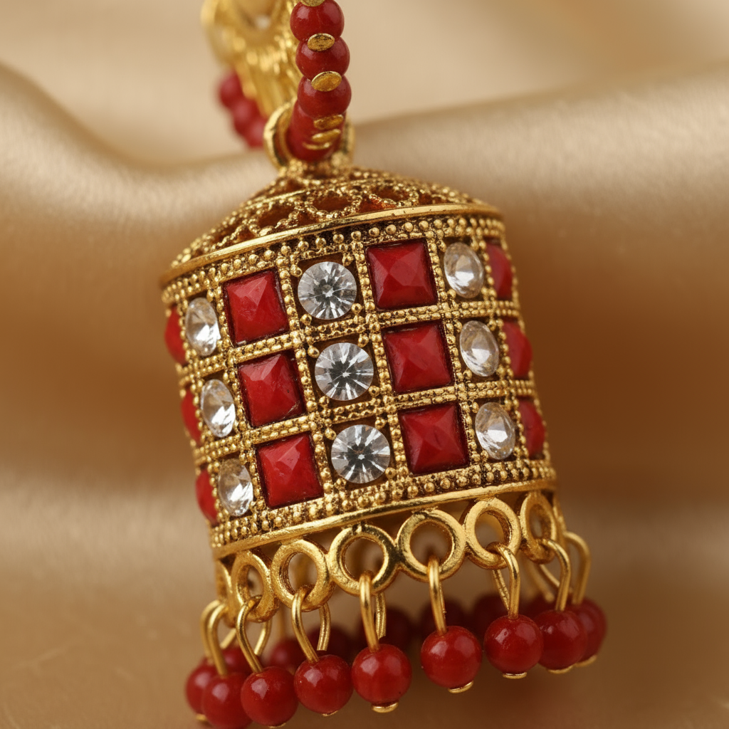 Traditional Indian Gold Plated Red Beaded Jhumka Earrings – Elegant Ethnic Jewelry for Women