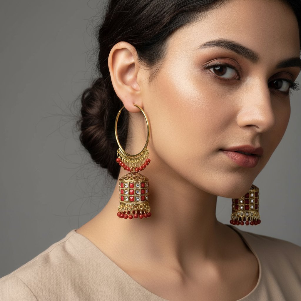 Traditional Indian Gold Plated Red Beaded Jhumka Earrings – Elegant Ethnic Jewelry for Women