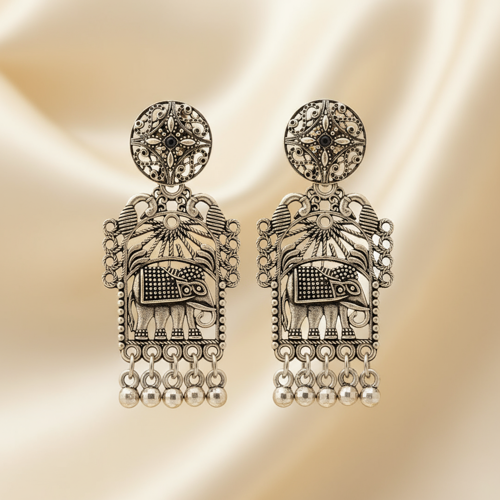 Vintage Elephant Design Oxidized Silver Earrings – Traditional Indian Tribal Jewelry