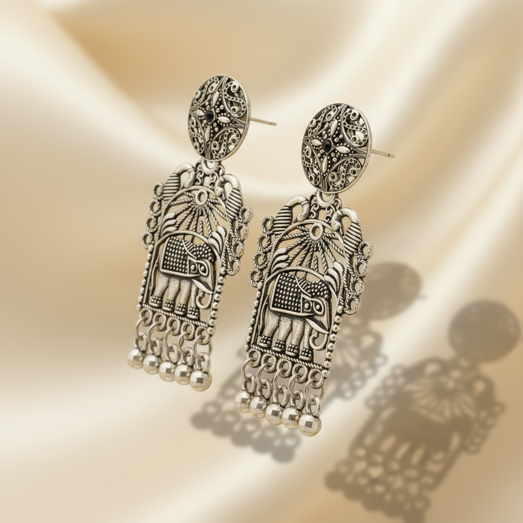 Vintage Elephant Design Oxidized Silver Earrings – Traditional Indian Tribal Jewelry
