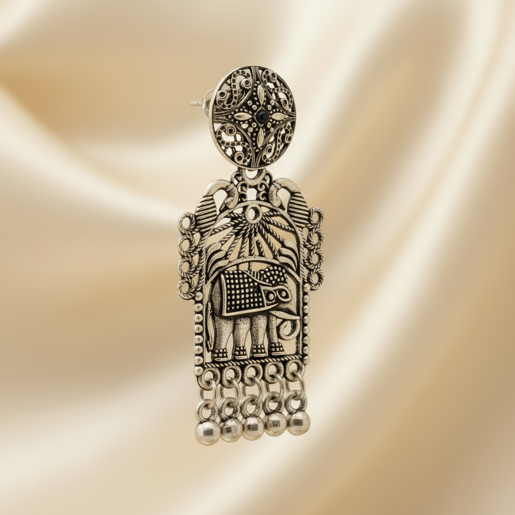 Vintage Elephant Design Oxidized Silver Earrings – Traditional Indian Tribal Jewelry