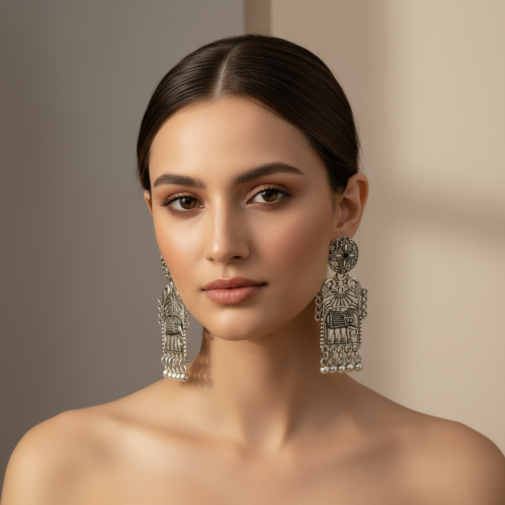 Vintage Elephant Design Oxidized Silver Earrings – Traditional Indian Tribal Jewelry