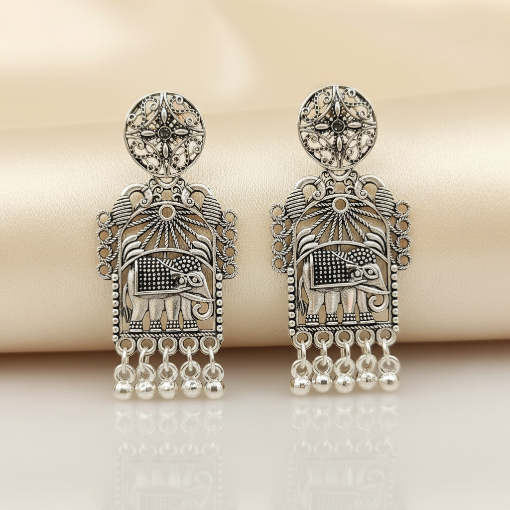 Vintage Elephant Motif Oxidized Silver Earrings – Traditional Indian Tribal Jewelry