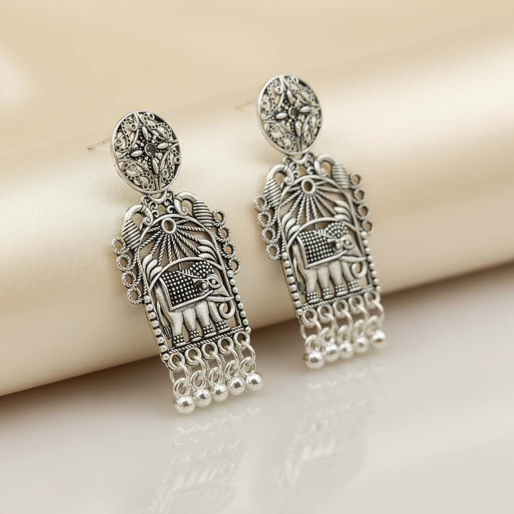 Vintage Elephant Motif Oxidized Silver Earrings – Traditional Indian Tribal Jewelry