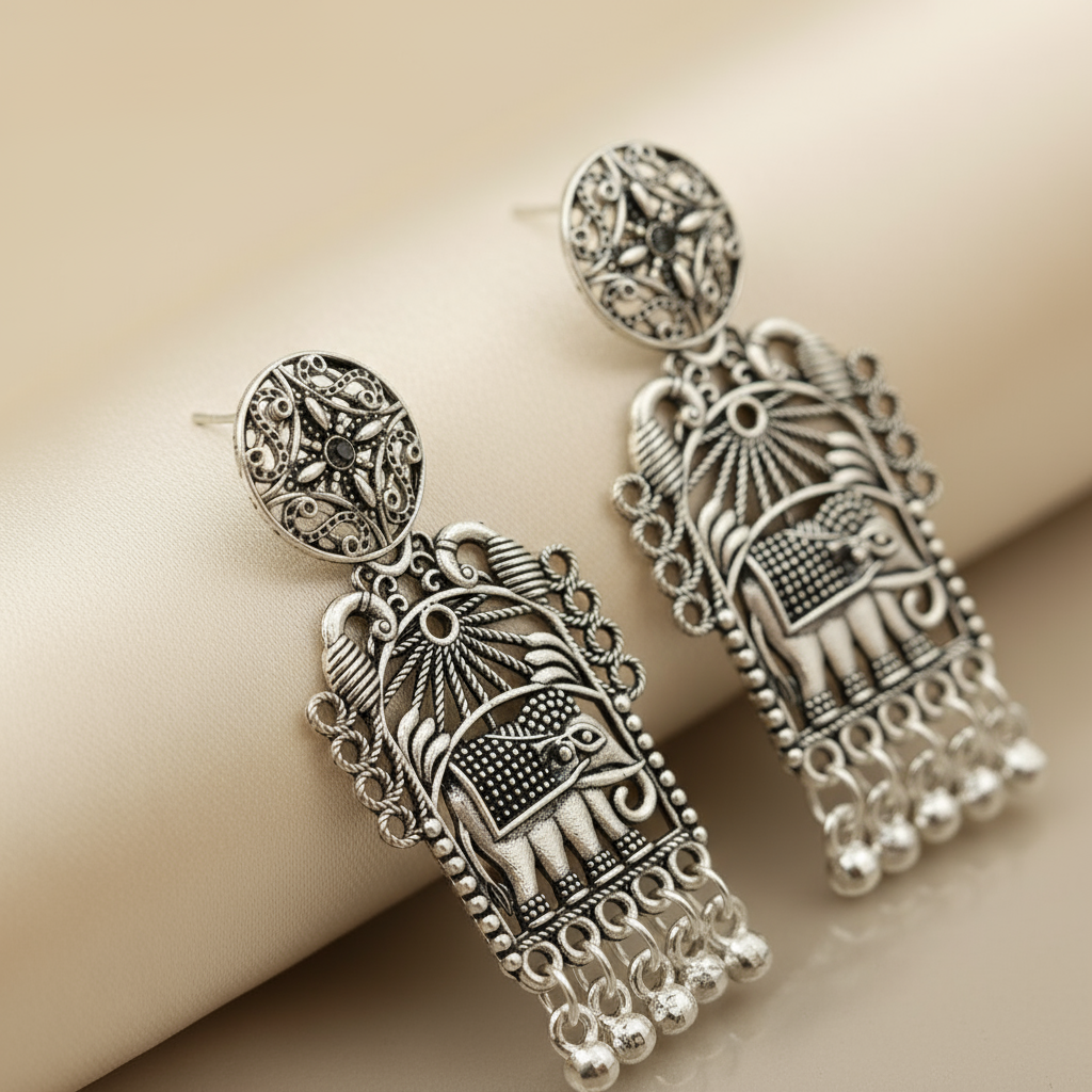 Vintage Elephant Motif Oxidized Silver Earrings – Traditional Indian Tribal Jewelry