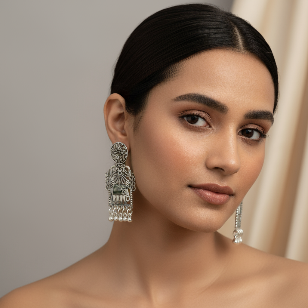 Vintage Elephant Motif Oxidized Silver Earrings – Traditional Indian Tribal Jewelry