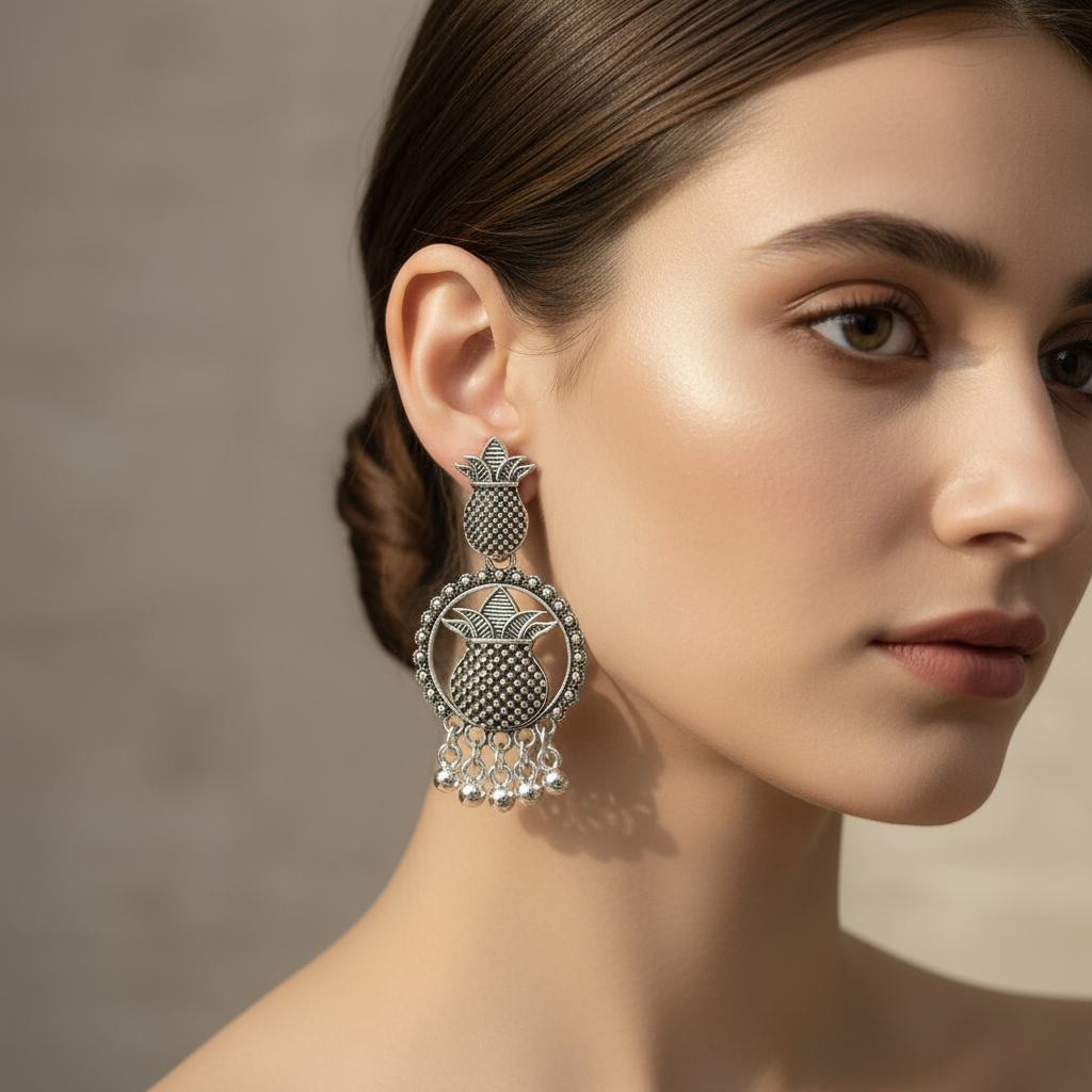 Vintage Oxidized Silver Kalash Dangle Earrings – Handmade Ethnic Jewelry for Women