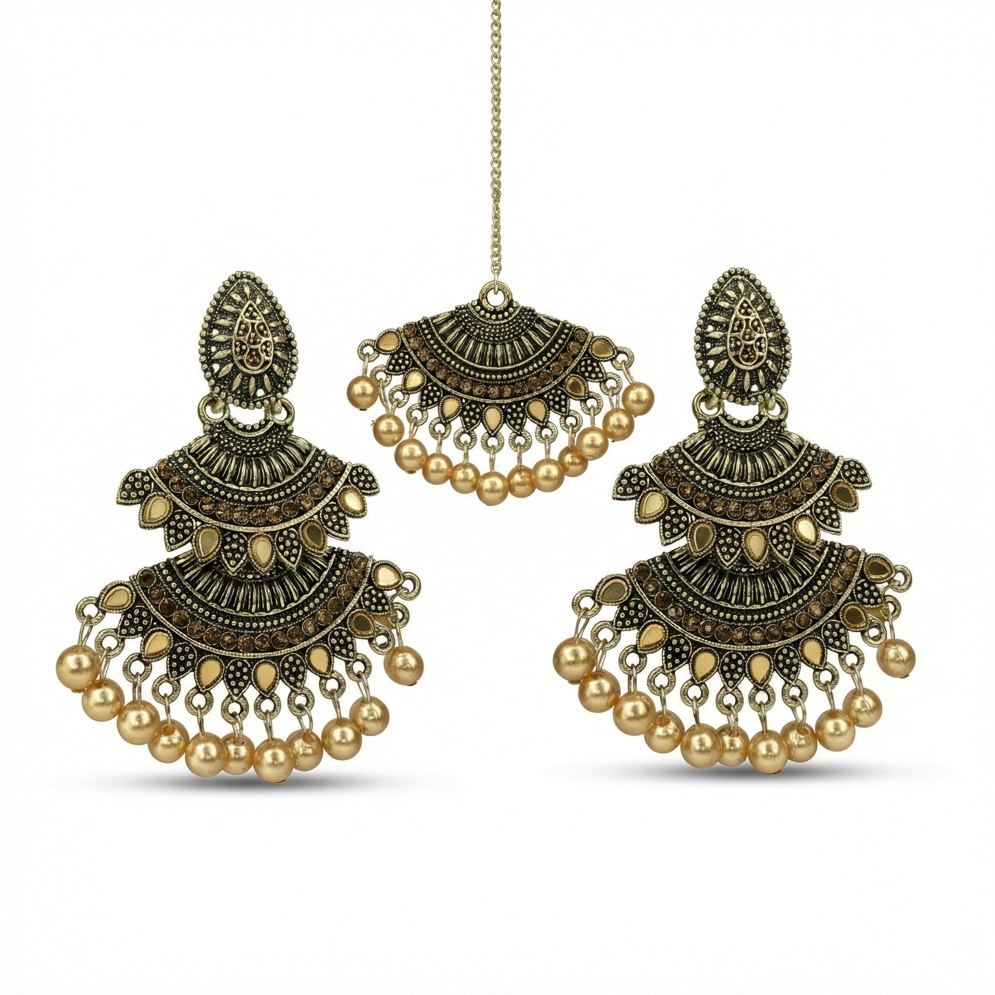 Heart-Shaped Silver Pearl Maang Tikka Set with Earrings - The Rivaaz