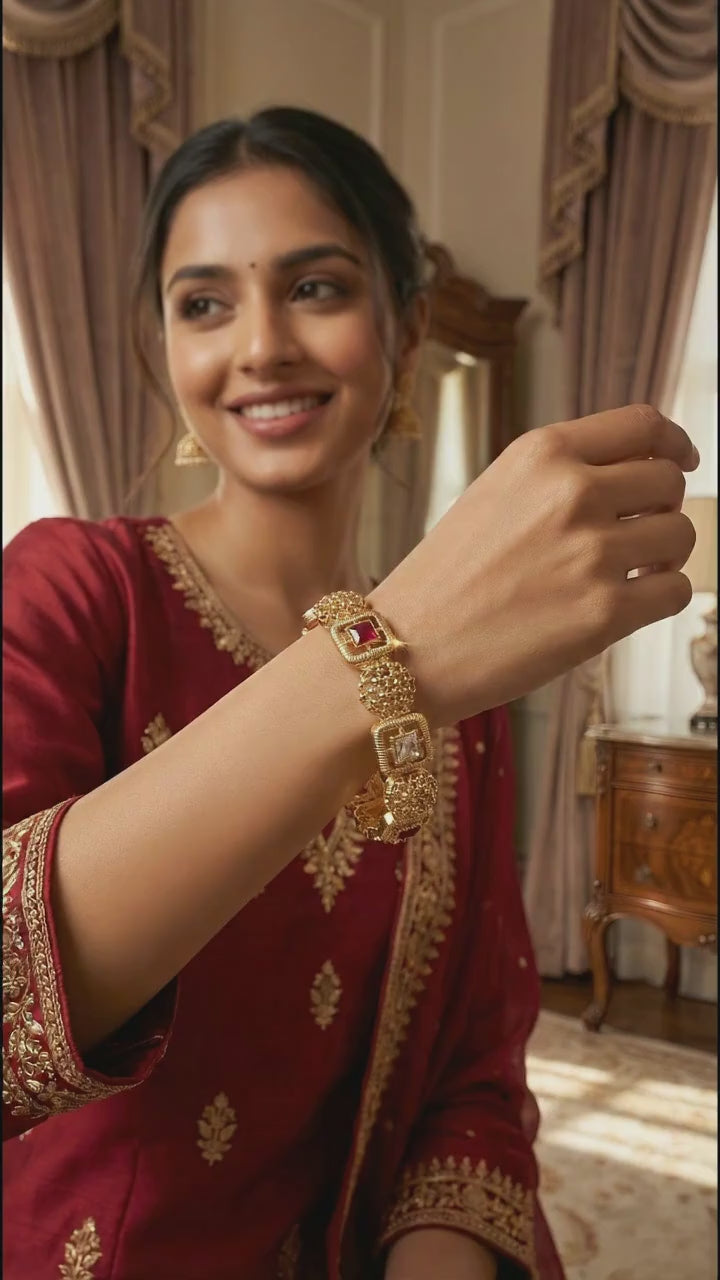 Gold Filigree Bangles with Red and White Stones